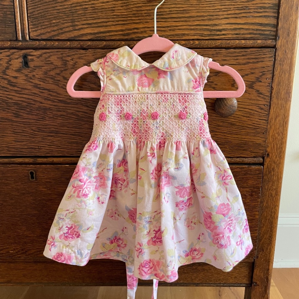 Vintage Laura Ashley Pink Smocked Floral Baby Dress and Bloomers
